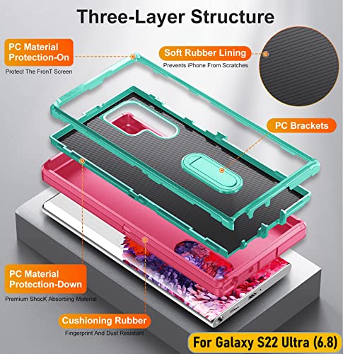 Case is Specially Designed for Galaxy S22 Ultra 6.8 Inch, Full Body Protection Heavy Duty Shock Absorbing 3 in 1 Silicone Rubber Built-in Stand with 1 Tempered Screen Protectors-Rose/Mint - color: Rose/Mint