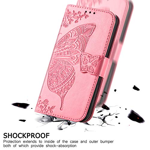 Wallet Case for Samsung Galaxy A03s with Card Holder Pink | PU Leather Flip Phone Cover,Wrist Strap,Woman Man Purse,Emboss Butterfly Flower,Stand,Shockproof TPU Shell, Magnetic Closure - color: B Pink