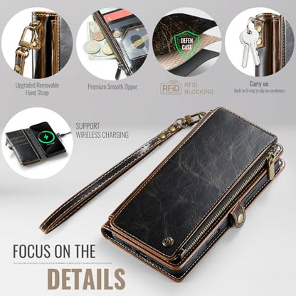 Defencase for iPhone 14 Plus Wallet Case with RFID Card Holder, Coffee | Durable Soft PU Leather, with Zipper Pocket, Wrist Strap, Fashion Snap Flip Phone Cases Cover with Stand for Women and Men - color: Coffee