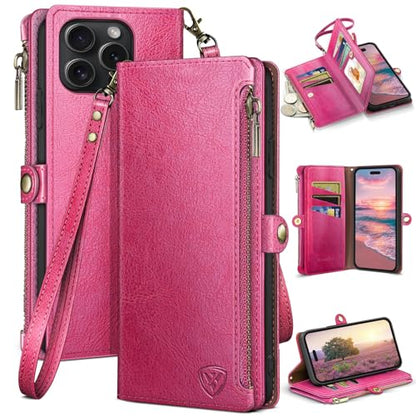 XcaseBar Compatible with iPhone 16 Pro 6.3" Wallet case with Zipper Credit Card Holder【RFID Blocking】,Flip Folio Book PU Leather Phone case Shockproof Cover Men Women for Apple 16 Pro case Rose Red - color: Rose Red