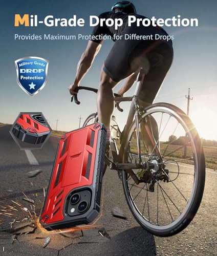FNTCASE for iPhone 15/14/13 Case, Built-in Screen Protector, Kickstand Red | 20FT Military-Grade Drop Protection, Anti-Slip Matte Textured, Rugged Heavy Duty Shockproof Protective Phone Cover, Red - color: Red