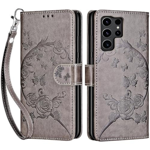 for Samsung Galaxy S24 Ultra Wallet case, Gray Flower | 3 Card Holders, Kickstand, Shockproof TPU Shell, PU Leather, Magnetic Closure, Protective Flip Folio Cover, Women - color: 9