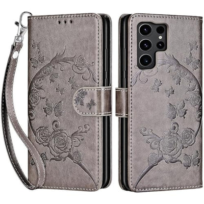 for Samsung Galaxy S24 Ultra Wallet case, Gray Flower | 3 Card Holders, Kickstand, Shockproof TPU Shell, PU Leather, Magnetic Closure, Protective Flip Folio Cover, Women - color: 9