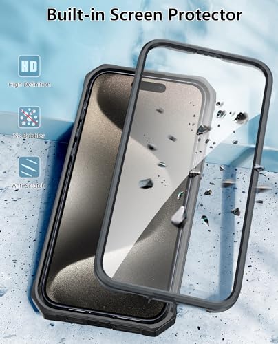 FNTCASE for iPhone 15 Pro Max Case with Belt Clip, Rugged Kickstand | Built-in Screen Protector, Military-Grade Drop Protection, Heavy Duty Shockproof Holster Protective Cover - color: T-Black