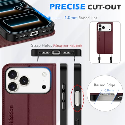 SHIELDON Genuine Leather Case Wallet for iPhone 17 Pro Max 6.9", Wine Red | Magnetic Closure, RFID Blocking, Credit Card Slot, Kickstand, Flip Book Design, Soft Shockproof Phone Cover - color: Wine Red