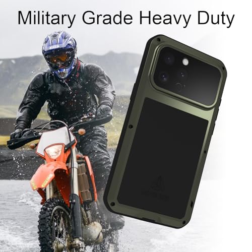 LOVE MEI Military Rugged Case for iPhone 16 Pro Max, with Tempered Glass Screen Protector, Shockproof Dustproof Scratch Proof Hybrid Metal and Silicone Gel Heavy Duty Full Body Cover Green - color: Green