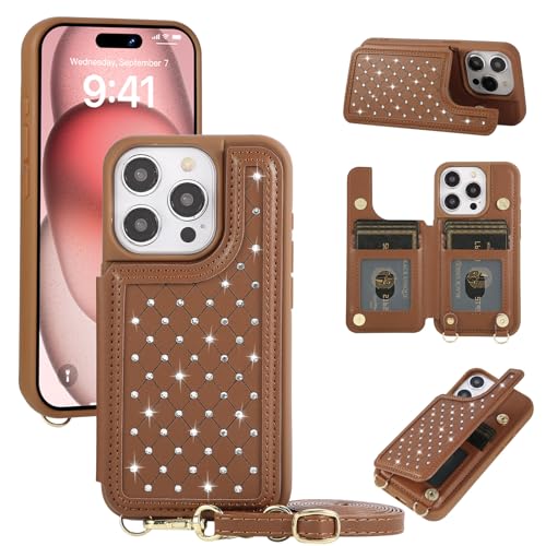 Crossbody Wallet Case for iPhone 12 Pro Max(6.7") with Detachable Strap - PU Leather Flip Folio with Card Slots & RFID Blocking, Sparkling Diamond Accents-Brown - color: Brown, size: iPhone 12 Pro Max(6.7")