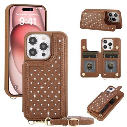 Crossbody Wallet Case for iPhone 12 Pro Max(6.7") with Detachable Strap - PU Leather Flip Folio with Card Slots & RFID Blocking, Sparkling Diamond Accents-Brown - color: Brown, size: iPhone 12 Pro Max(6.7")