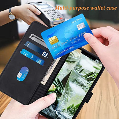 Wallet Case with Wrist Strap for iPhone 13/14 (Black) | Card Holder Slots, PU Leather, TPU Interior Protective, Stand, Folio Flip Cases Cover, 13/14 Phone 6.1 inch - color: Black