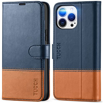 TUCCH Wallet Case for iPhone 13 Pro Max 6.7", Flip Stand, Dark Blue & Brown - color: Dark Blue & Brown