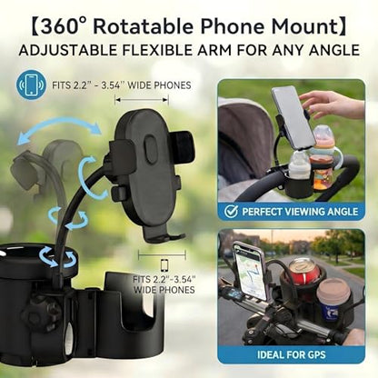 Universal 3-in-1 Stroller Cup Holder with 360° Rotatable Phone Mount, Detachable Dual Drink Holder for Bicycle, Motorcycle, Wheelchair, Walker, and Scooter, Fits Large Tumblers & Baby Bottles