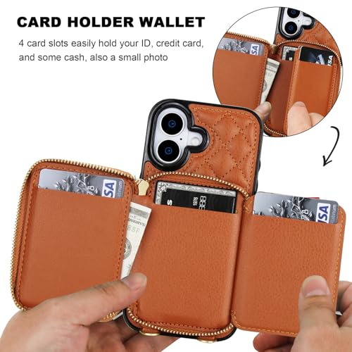 Bocasal Crossbody Wallet Case Card Holder for iPhone 17, Brown | RFID Blocking PU Leather Zipper Handbag Purse, Kickstand Flip Folio Case with Card Slots Holder Wrist Strap Lanyard 6.3 Inch - color: Brown