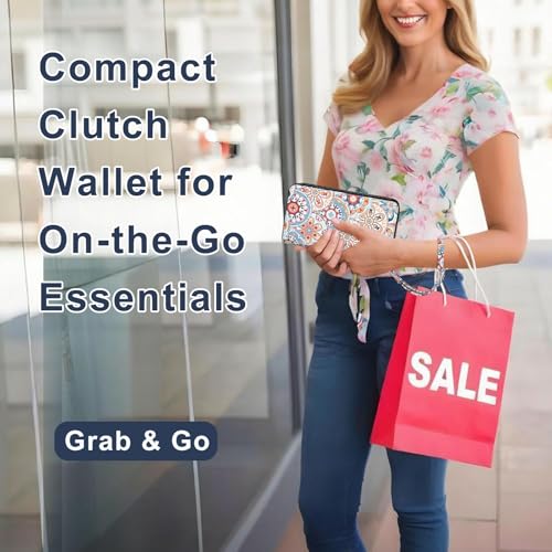 RFID Blocking Cellphone Wallet for Women with Removable Strap, Double Zipper Wristlet Bag Large Capacity, Ladies Travel Clutch Purse, Artistic Flower - color: Orange Artistic Flower