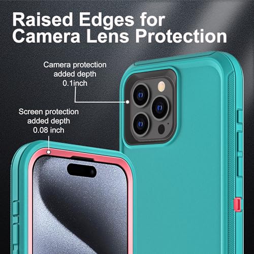 YKHJKLEC for iPhone 15 Pro Case, Military Grade 3 in 1 Heavy Duty Shockproof/Drop Proof/Dust Proof Case with 2Pcs Tempered Glass Screen Protector (Aqua Blue/Pink) - color: Aqua Blue/Pink