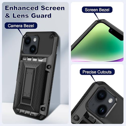 SAMONPOW for iPhone 14 Case with Card Holder [4 Cards] & Kickstand, Black - size: for iPhone 14