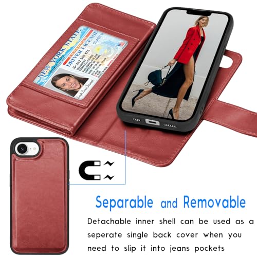 Tekcoo Wallet Case Compatible with iPhone 16E 2025 (6.1 inch) Luxury ID Cash Credit Card Slots Holder [Detachable Magnetic Hard Case] Carrying Pouch Folio Flip PU Leather Cover [Wine Red] - color: Wine Red, size: 16E 2025