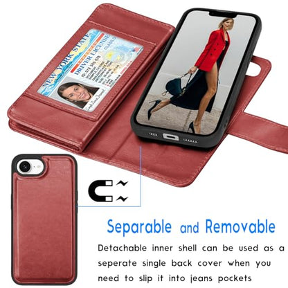 Tekcoo Wallet Case Compatible with iPhone 16E 2025 (6.1 inch) Luxury ID Cash Credit Card Slots Holder [Detachable Magnetic Hard Case] Carrying Pouch Folio Flip PU Leather Cover [Wine Red] - color: Wine Red, size: 16E 2025