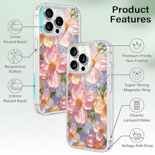 for iPhone 15 Pro Max Magnetic Case【Compatible with MagSafe】 Aesthetic Oil Painting Stained Glass Flower Design, Slim Fit Hard PC Back Shockproof Cute Clear Phone Cover, Pink - color: Pink, size: iPhone 15 Pro Max