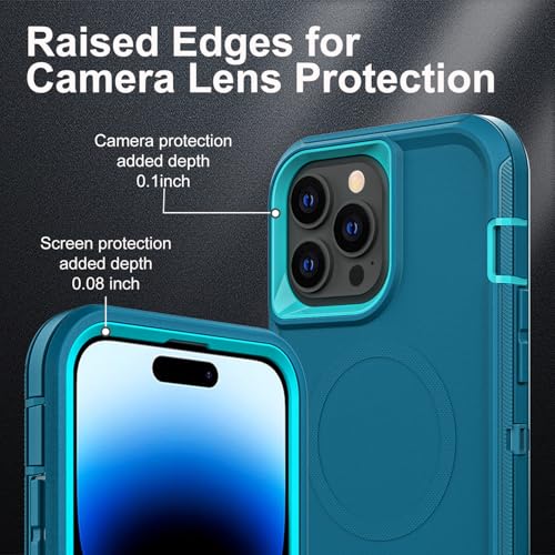 YKHJKLEC for iPhone 14 Pro Case, Compatible with Magsafe, Military Grade 3 in 1 Heavy Duty Shockproof/Drop Proof/Dust Proof Case with 2Pcs Tempered Glass Screen Protector (New-Blue/Turquoise) - color: New-Blue/Turquoise