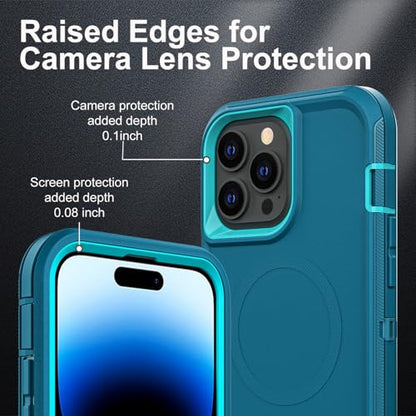 YKHJKLEC for iPhone 14 Pro Case, Compatible with Magsafe, Military Grade 3 in 1 Heavy Duty Shockproof/Drop Proof/Dust Proof Case with 2Pcs Tempered Glass Screen Protector (New-Blue/Turquoise) - color: New-Blue/Turquoise