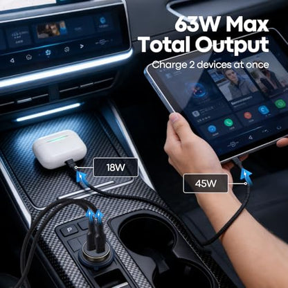63W USB C Car Charger, Dual Port, 45W PD Fast Charging + 18W USB A, Zinc Alloy, with USB-C to C Cable, Compatible with iPhone 17/16/15/14, Galaxy S26/S25