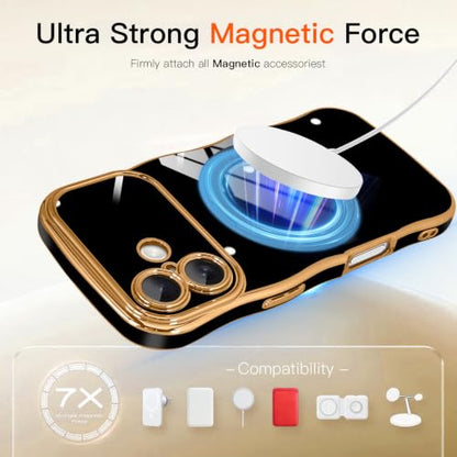 tharlet for iPhone 17 Case Black with 360° Spin Magnetic Stand | Cute Luxury Plating Gold Curly Wave Edge, [Compatible with Magsafe] Full Camera Lens Protection ,Women Girl daily matching - color: Black Curly Edge, size: iPhone 17