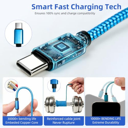 USB C to C Cable 60W 10ft 2-Pack Nylon Braided for iPhone 17/16/15 Blue - color: Blue, size: 10FT