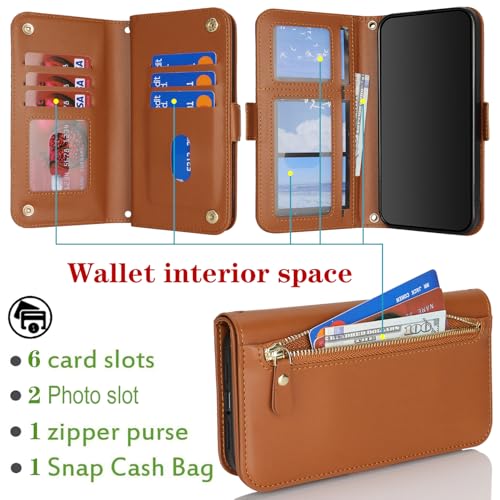 for iPhone 15 Pro Wallet Case for Women,for iPhone 15 Pro Case with Strap Crossbody Lanyard,PU Leather Shockproof Card Holder Stand Zipper Pocket Flip Phone Case-Brown - color: Brown