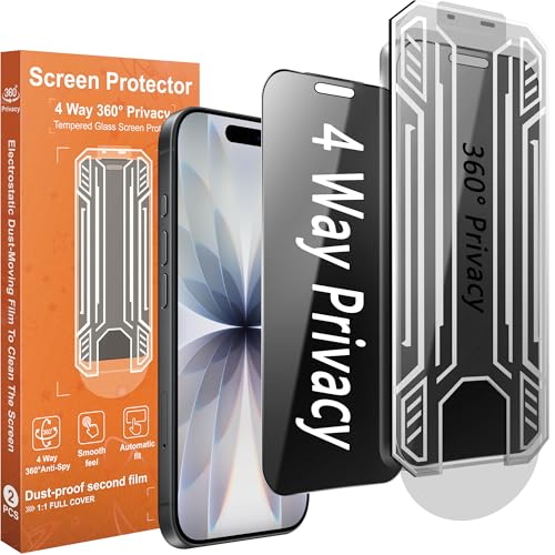2-Pack Privacy Screen Protector for iPhone 17 / iPhone 16 Pro | 360° 4-Way Anti-Spy Tempered Glass, Shatterproof, Scratch-Resistant + Easy Mounting Frame - size: for iPhone 17 / iPhone 16 Pro