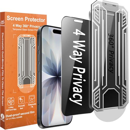 2-Pack Privacy Screen Protector for iPhone 17 / iPhone 16 Pro | 360° 4-Way Anti-Spy Tempered Glass, Shatterproof, Scratch-Resistant + Easy Mounting Frame - size: for iPhone 17 / iPhone 16 Pro