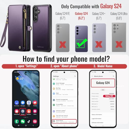 Defencase for Galaxy S24 Case Wallet Compatible with Magsafe 6.2", Purple | Magnetic Detachable, with RFID Bolcking Card Holder, Zipper Strap, PU Leather Drop-Proof Phone Cover for Samsung Galaxy S24 - color: (Detachable with Magsafe)-Wine Red