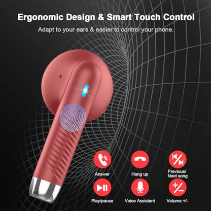 Wireless Earbuds, Bluetooth 5.4 Headphones in Ear with Noise Cancelling Mic, Bluetooth Earbuds Stereo Bass, IP7 Waterproof Sports Earphones, 32H Playtime USB C Charging Ear Buds Red for Android iOS - color: Red