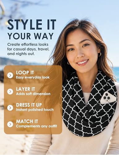 Pop Fashion Quatrefoil Pattern Infinity Scarf for Women - Travel Scarf with Hidden Pocket - All Seasons - color: Black, size: 24.5 x 9.5