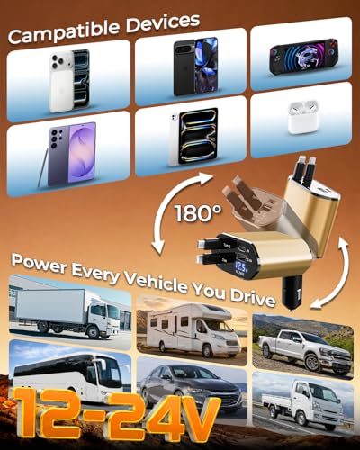 4 in 1 Retractable Car Charger, USB C Fast Charging Adapter, Gold - color: Gold