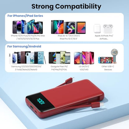Portable Charger for iPhone with Built in Cables and Wall Plug,Upgraded 13800mAh Fast Charging USB C Power Bank,4 Outputs Travel Essential Battery Pack Compatible with iPhone 15/14/13/12,Galaxy-Red - color: Red
