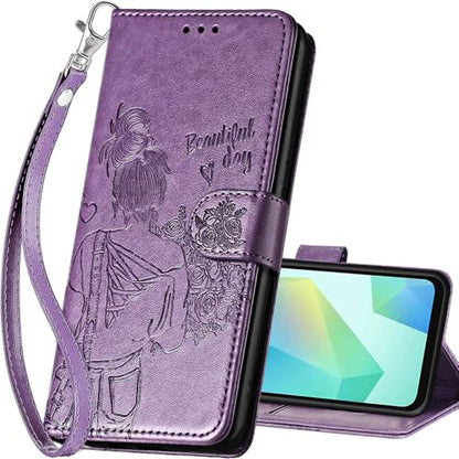 for Samsung Galaxy A16 5G Wallet case, Purple-Girl | 3 Card Holders, Kickstand, Shockproof TPU Shell, PU Leather, Magnetic Closure, Protective Flip Folio Cover, Women - color: 2