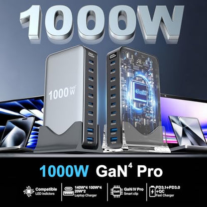 1000W USB C Fast Charger Block, 10 Port USB Charging Station, GaN Ⅳ Pro 140W PD PPS Port for Multiple Devices,Laptop Wall Charger Compatible with DELL, HP, MacBook Pro,iPhone17/16 pro,Galaxy S24.