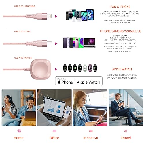 Apple Watch Charger 6FT Multi Charging Cable Travel Essential Nylon Braided - color: Rose/Pink