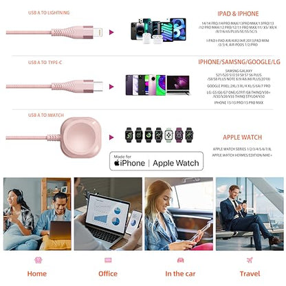 Apple Watch Charger 6FT Multi Charging Cable Travel Essential Nylon Braided - color: Rose/Pink