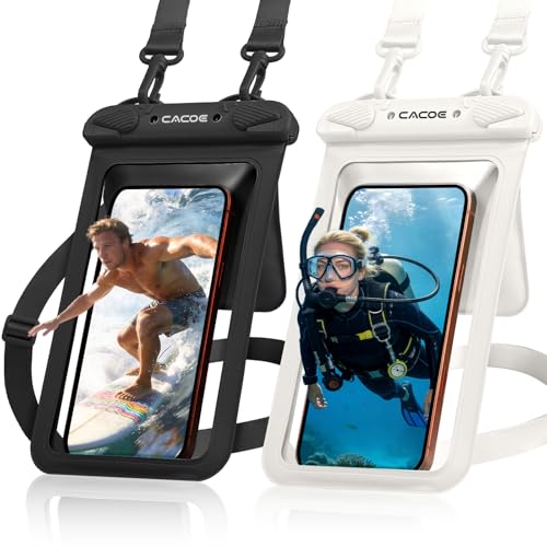 CACOE Waterproof Phone Pouch 2 Pack Up to 8.8", Double Bag, Black+White | IPX8 Waterproof Phone Case,Adjustable Lanyard,Dry Bags for Beach/Cruise/Travel/Camping/Kayak/Hiking/Lake/Vacation Essentials - color: Black+White