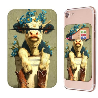 Phone Credit Card Holder Stick on, Cell Phone Pocket Self Adhesive Stretchy Stick on Wallet ID Credit Card Case Pouch Sleeve with Flap for All Smartphones, Cow Blue Flower - color: Cow Blue Flower