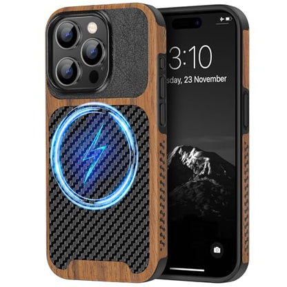 TENDLIN Magnetic Case Compatible with iPhone 15 Pro Case Wood Grain with Carbon Fiber Texture Design Leather Hybrid Slim Cover (Compatible with MagSafe) Black - color: Magnetic Black, size: iPhone 15 Pro