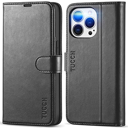 TUCCH Wallet Case for iPhone 13 Pro (6.1") 2021, 3 Card Holders, Black | RFID Blocking, Viewing Stand, Shockproof TPU Shell, PU Leather, Magnetic Closure, Protective Folio Flip Cover - color: Black