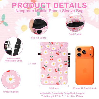 Flap Closure Secure Cell Phone Bag with Card Pocket for iPhone & Samsung - color: Cherry&Daisy