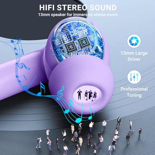 Wireless Earbuds, 2025 Wireless Headphones HiFi Stereo Earphones with 4 ENC Noise Canceling Mic, 42Hs Playtime In Ear Earbud, Bluetooth 5.3 Sport Earphones with LED Power Display for Android iOS - color: Purple