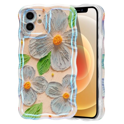 EYZUTAK Case for iPhone 11, Colorful Retro Oil Painting Flower, Blue Green | Laser Glossy Floral Pattern, Cute Curly Wave Edge, Exquisite Phone Cover, Stylish Durable TPU Protective Case for Girl Women - color: Blue Green, size: iPhone 11