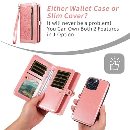 Asuwish Phone Case for iPhone 15 Pro 6.1 inch Zipper Wallet Magnetic Detachable Cell Cover with Tempered Glass Screen Protector Crossbody Strap Flower Card Holder i Phone15 i15 15Pro Women Rose Gold - color: Rose Gold