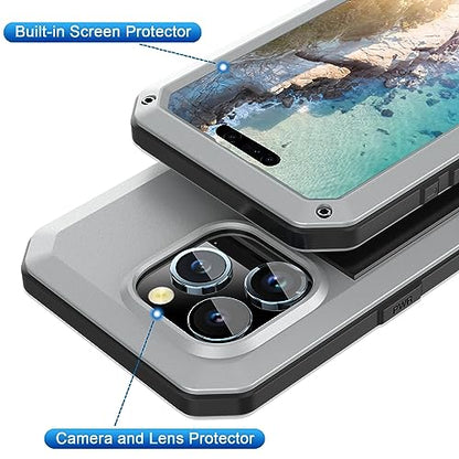 Compatiable with iPhone 15 Pro Case,360 Full Body Protective Cover Heavy Duty Shockproof Tough Armour Aluminum Alloy Metal Case with Silicone Built-in Screen Protector - Silver - color: Silver