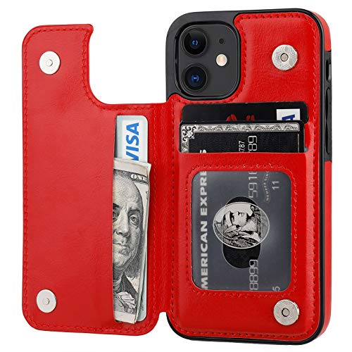 ONETOP for iPhone 12 Mini Wallet Case with Card Holder,Red - color: Red