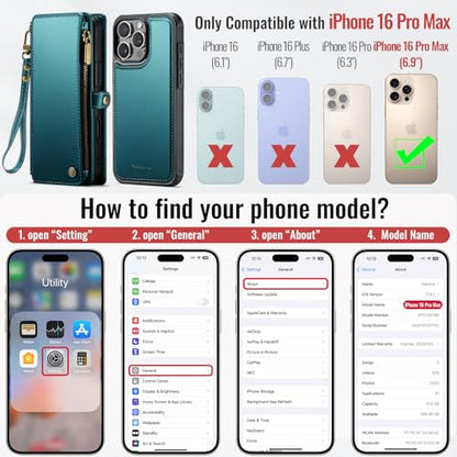 Defencase for iPhone 16 Pro Max Case Wallet Compatible with Magsafe, Green | Drop-Proof Magnetic Detachable Phone Cases Cover, with RFID Bolcking Card Holder, Zipper Strap, PU Leather, Removable Wallet - color: (Detachable with Magsafe)-Blue Green